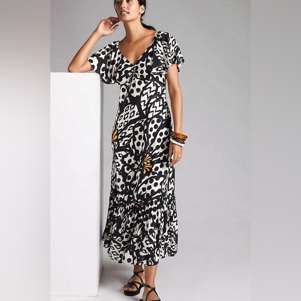 Farm Rio Anthropologie Flutter Sleeved Maxi Dress Black White size Small